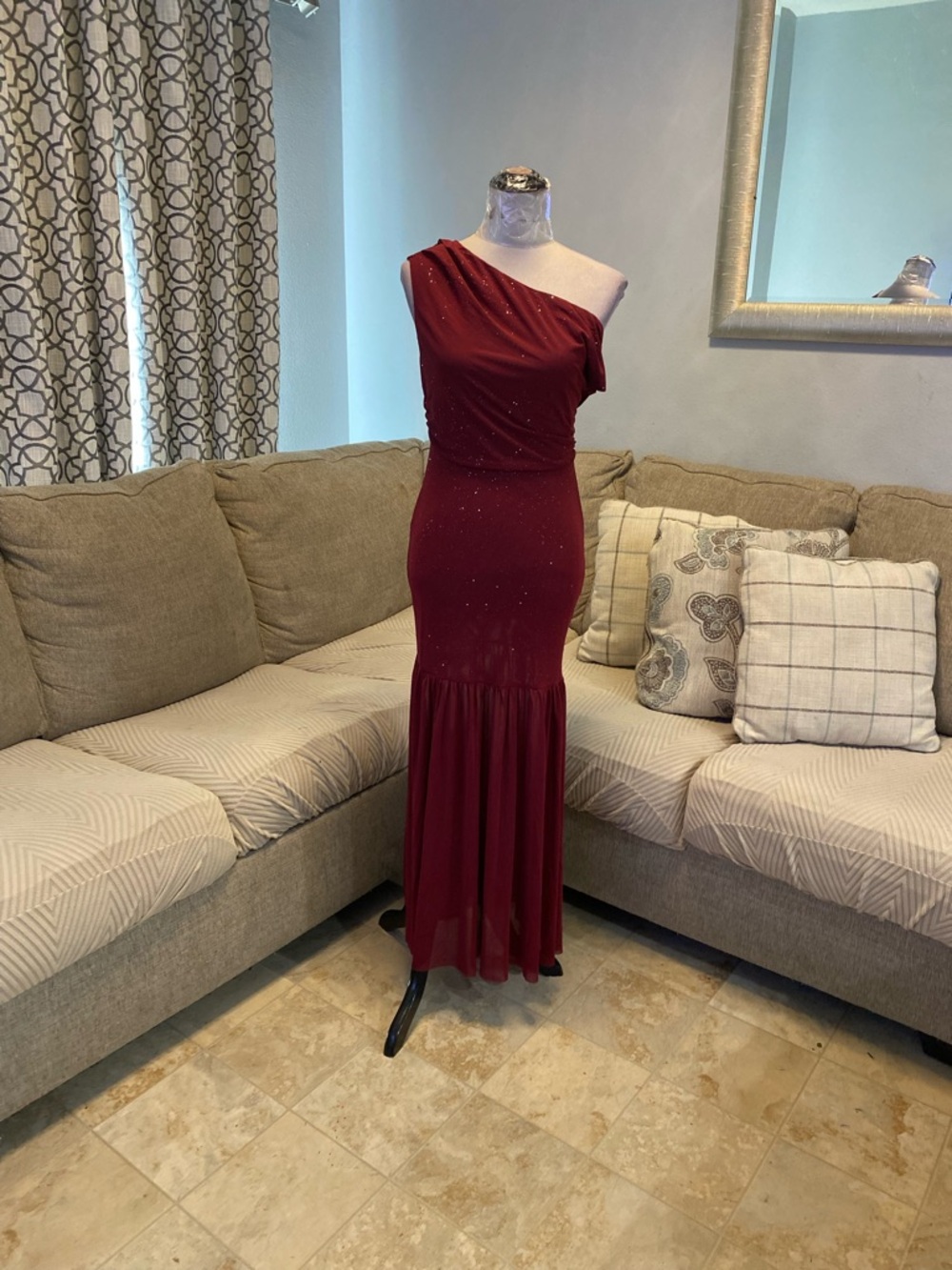 New Women Small burgundy one-shoulder mesh maxi dress subtle rhinestone sparkle